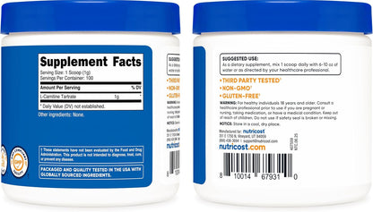 Nutricost L-Carnitine Tartrate Powder (100 g) – 1 Gram per Serving, 100 Servings