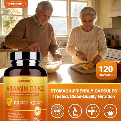 ZEBORA Vitamin D3 K2 10,000 IU + 100 µg K2 MK-7 – 120 Capsules
