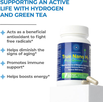 True Nano H2 with Green Tea - Molecular Hydrogen Capsules, Energy and Antioxidant Support, 60 Capsules