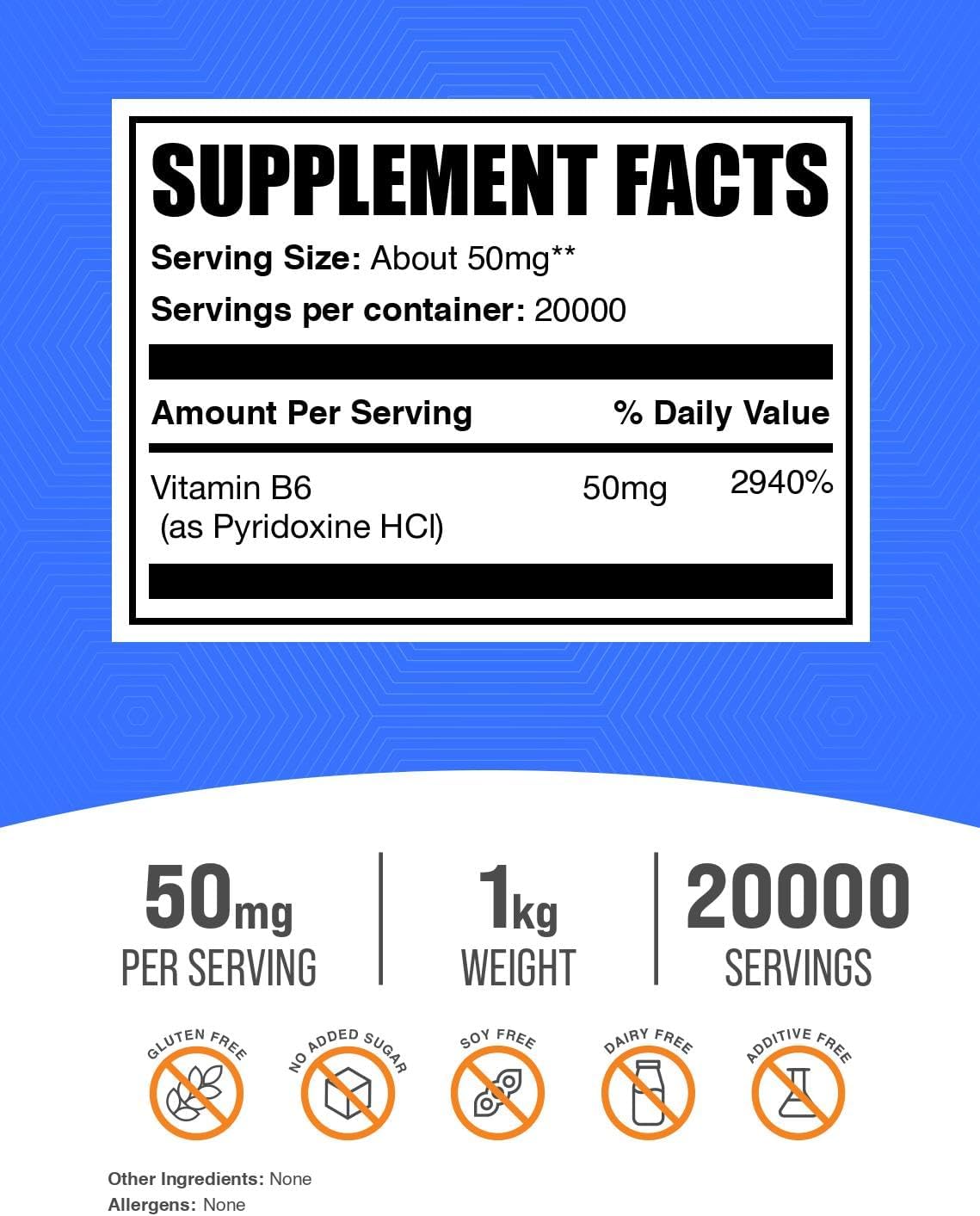BulkSupplements Pyridoxine HCl Powder - Vitamin B6 Supplement, 50mg per Serving, 1kg - görsel 2