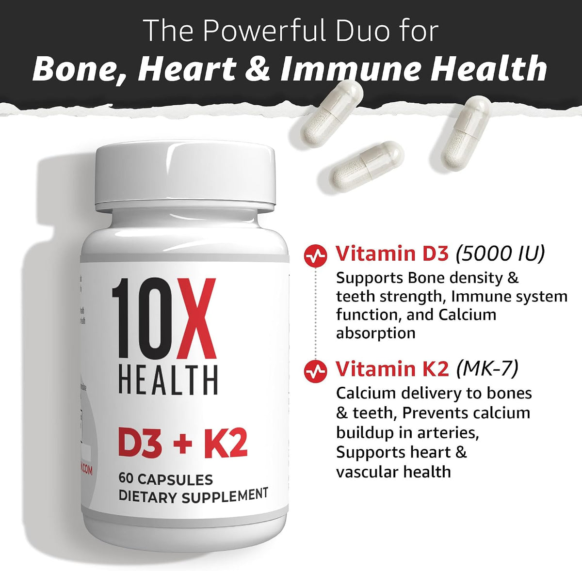 10X Health Vitamin D3 5000 IU & K2 MK7 - Menaquinone 7, High-Potency D3 K2 Supplement for Bone, Heart and Teeth - 60 Capsules - görsel 3