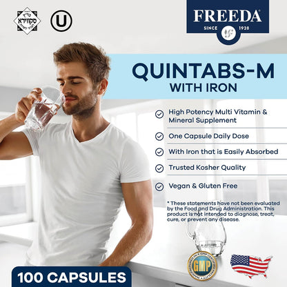 FREEDA Multivitamin – Quintabs-M with Iron – Kosher Multi Vitamins for Women & Iron-Deficient Men – 250 Capsules