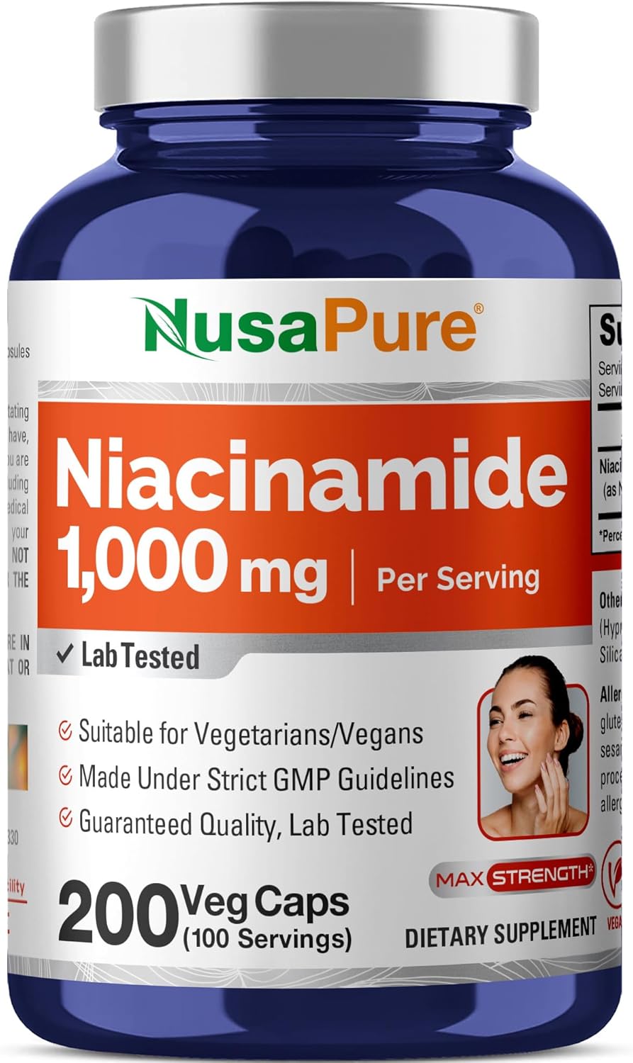 NusaPure Niacinamide 1000mg, 200 Vegetable Capsules - Flush-Free Vitamin B3 Supplement - görsel 1