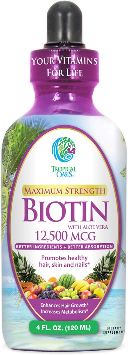 Maximum Strength Liquid Biotin Drops with Organic Aloe Vera, 12,500 mcg – 118 ml (4 fl oz, 30 Servings)
