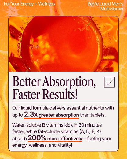 BeMe Liquid Multivitamins for Men - 13 Vitamins & Minerals, Liquid Delivery, Tear & Go Sachets, Orange Flavour (30 Sachets)