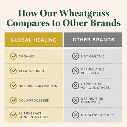 Global Healing Organic Wheatgrass Powder - Nutrient-Dense Raw Wheatgrass Juice Powder (33:1 Extract) - 180g