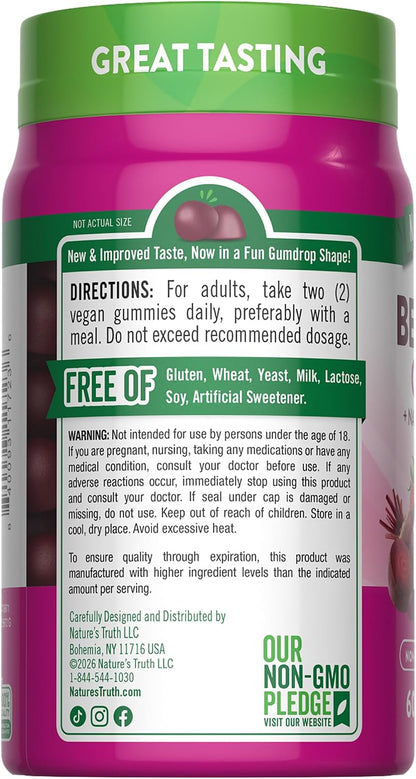 Nature's Truth Beetroot Gummies - Superfood with Black Pepper, Strawberry Flavour (60 Count)