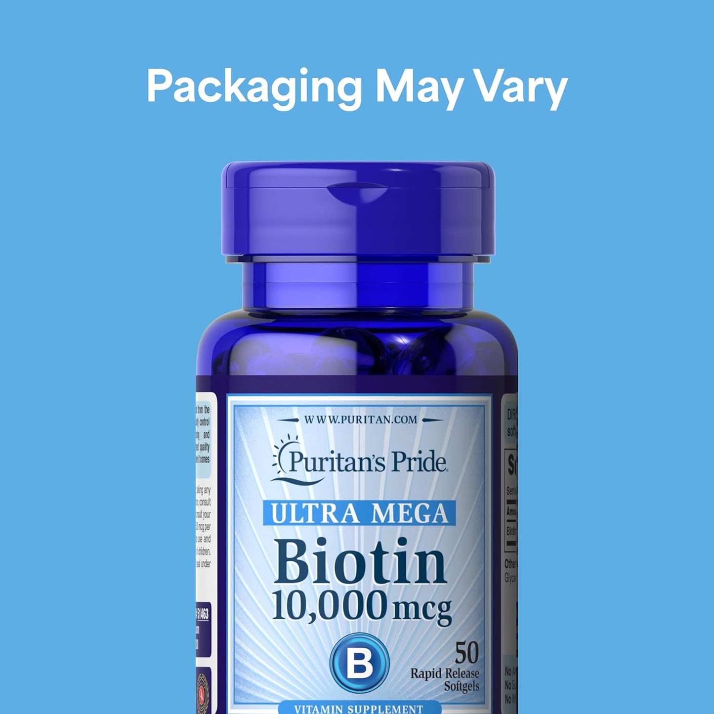 Puritan's Pride Premium Ultra Mega Biotin 10,000mcg, Food Supplement for Hair, Skin and Nails, and Energy Metabolism Support, 100 Day Supply, 50 Rapid-Release Soft gel capsule Capsules, Twin Pack - görsel 2