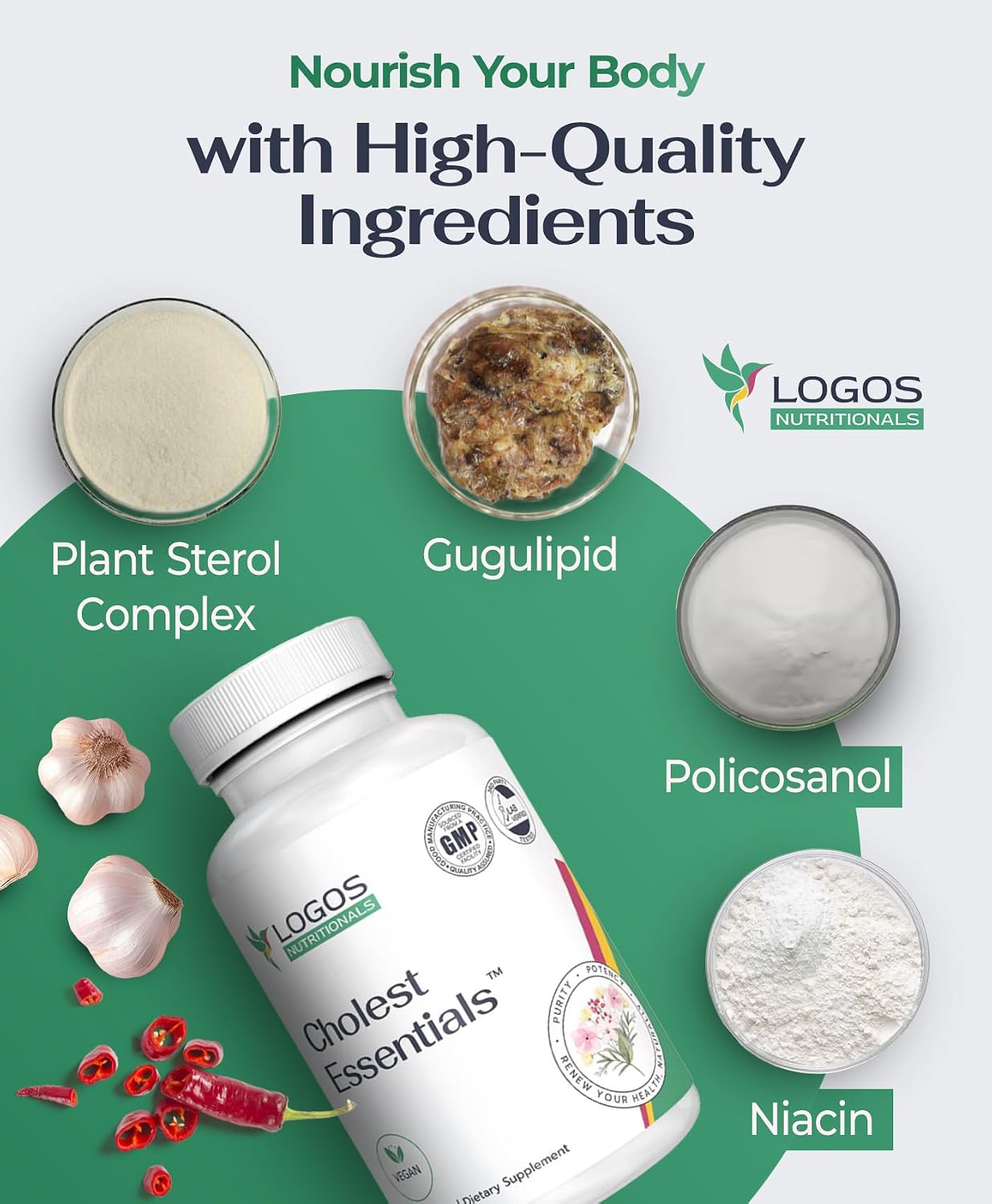 Cholest Essentials - Vegan Supplement with Garlic, Niacin, Policosanol, Guggul, Plant Sterol & Cayenne (60 Capsules) - görsel 3
