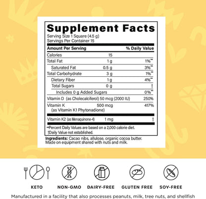 FX Chocolate Sunshine - Vitamin D Sugar-Free Chocolate, 2000 IU D3 with Vitamin K, Keto-Friendly, Box of 15