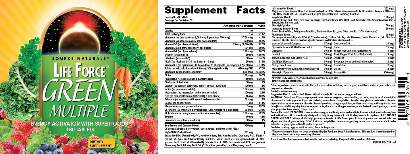 Source Naturals Life Force Green Multiple, Energy Activator with Superfoods - 180 Tablets - görsel 4