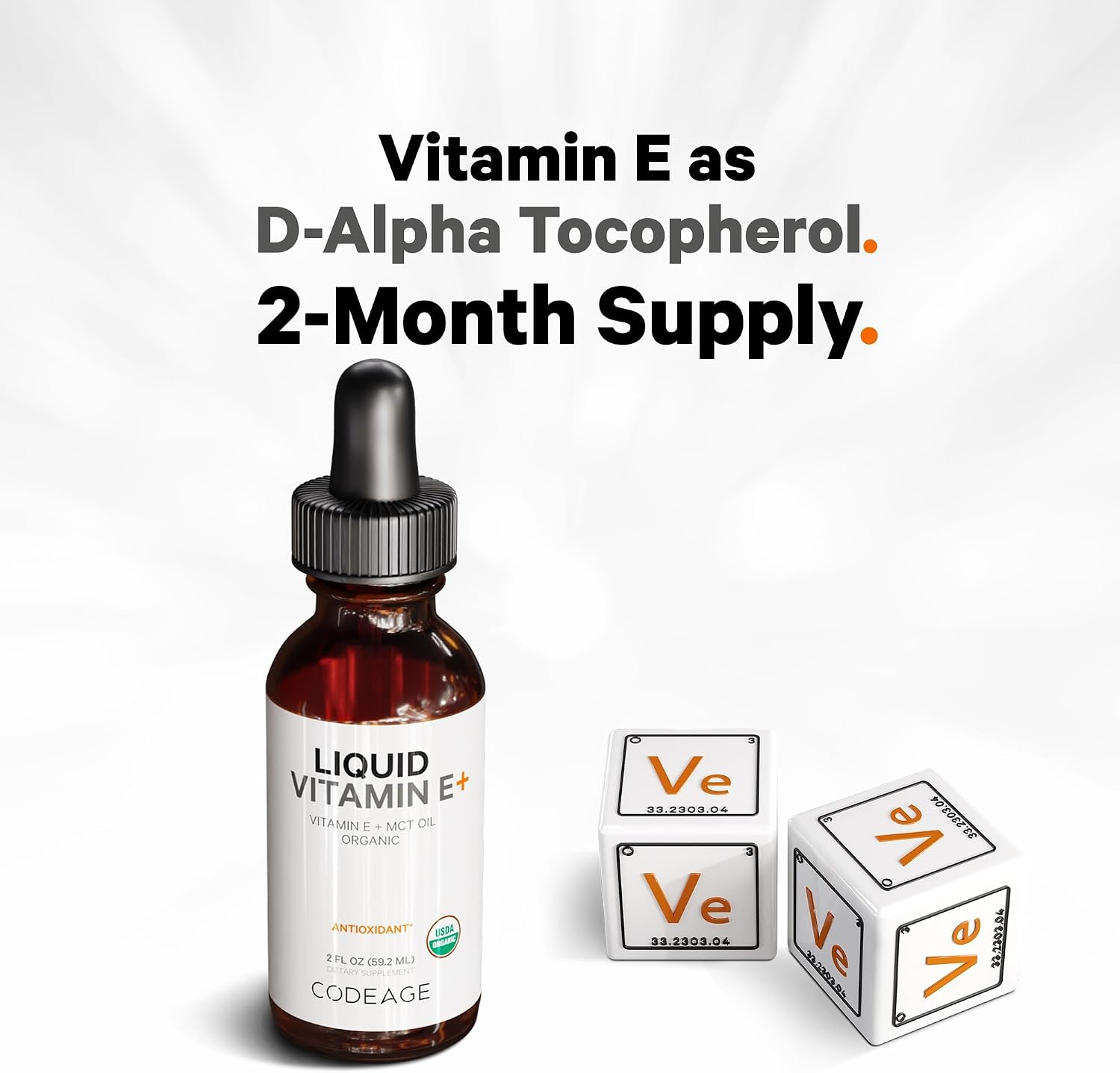Codeage Liquid Vitamin E+ - USDA-Certified Organic Vitamin E - 2-Month Supply - D-Alpha Tocopherol Acetate, Organic MCT Oil, Orange Fruit Oil, Unflavoured, Non-GMO, Vegan, Gluten-free, 60 ml - görsel 3