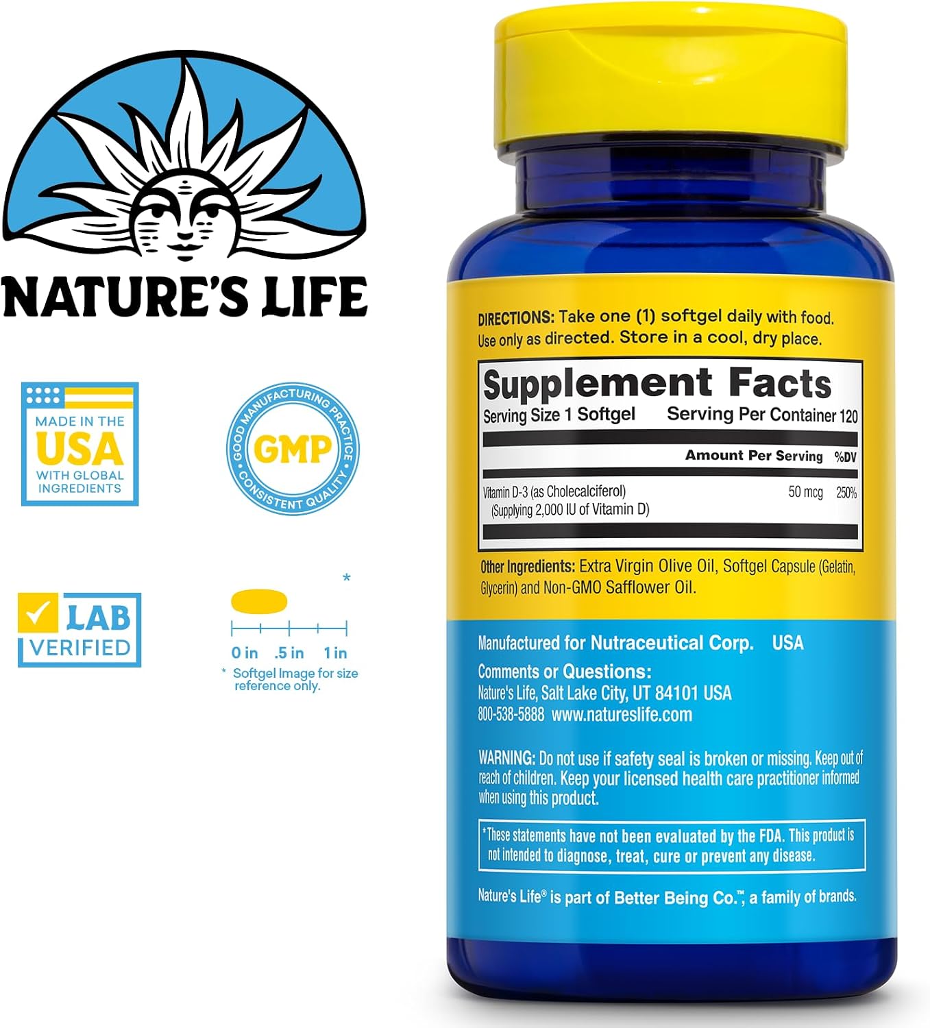 Nature's Life Vitamin D3 2000 IU (50 mcg) - 120 Softgels - görsel 2