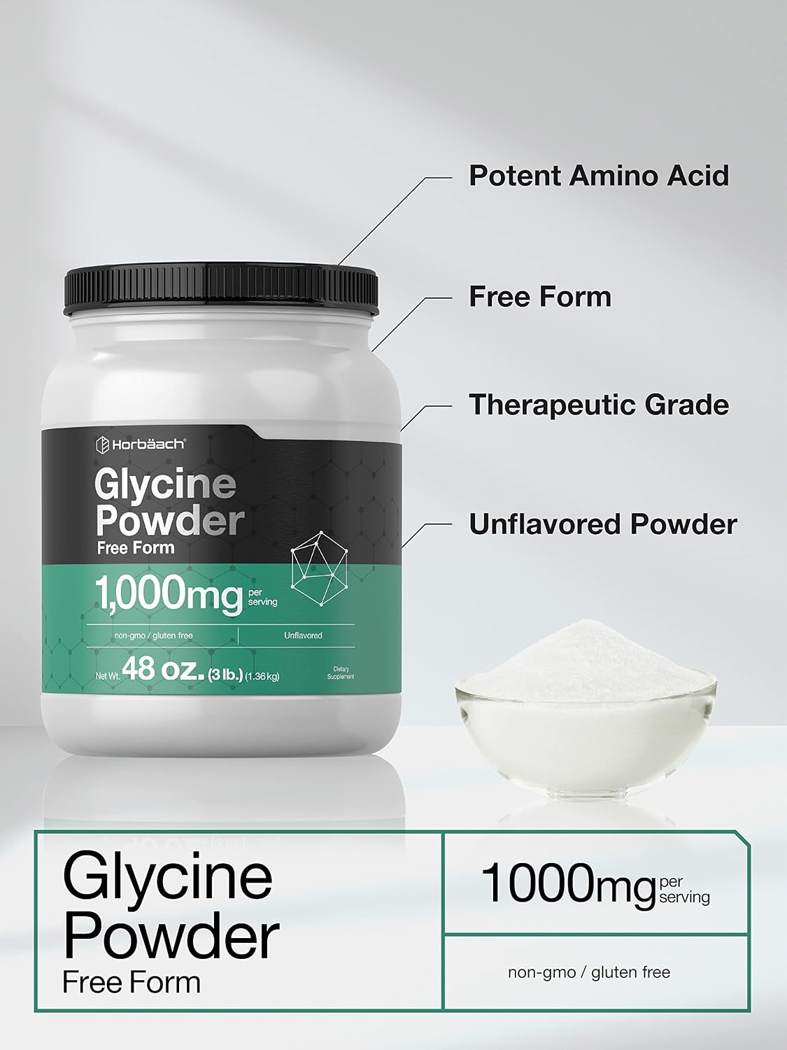 Horbäach Glycine Powder, 3 lb (1.36 kg) - Unflavoured, Vegetarian, Non-GMO, Gluten-free Free Form Amino Acid Supplement - görsel 3