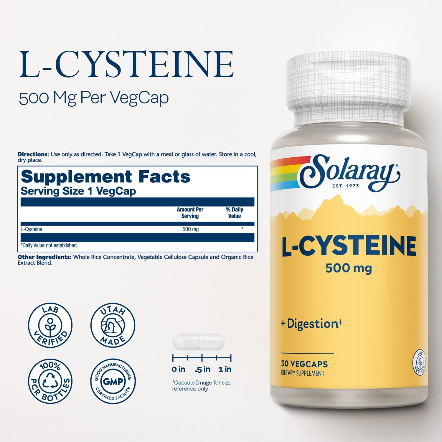 SOLARAY L-Cysteine 500 mg – Digestion, Hair, Skin & Nails Support, Antioxidant Support – 30 VegCaps - görsel 2
