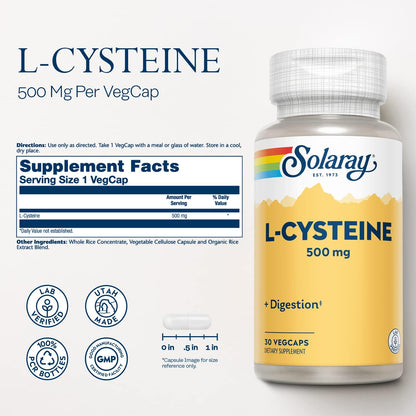SOLARAY L-Cysteine 500 mg – Digestion, Hair, Skin & Nails Support, Antioxidant Support – 30 VegCaps