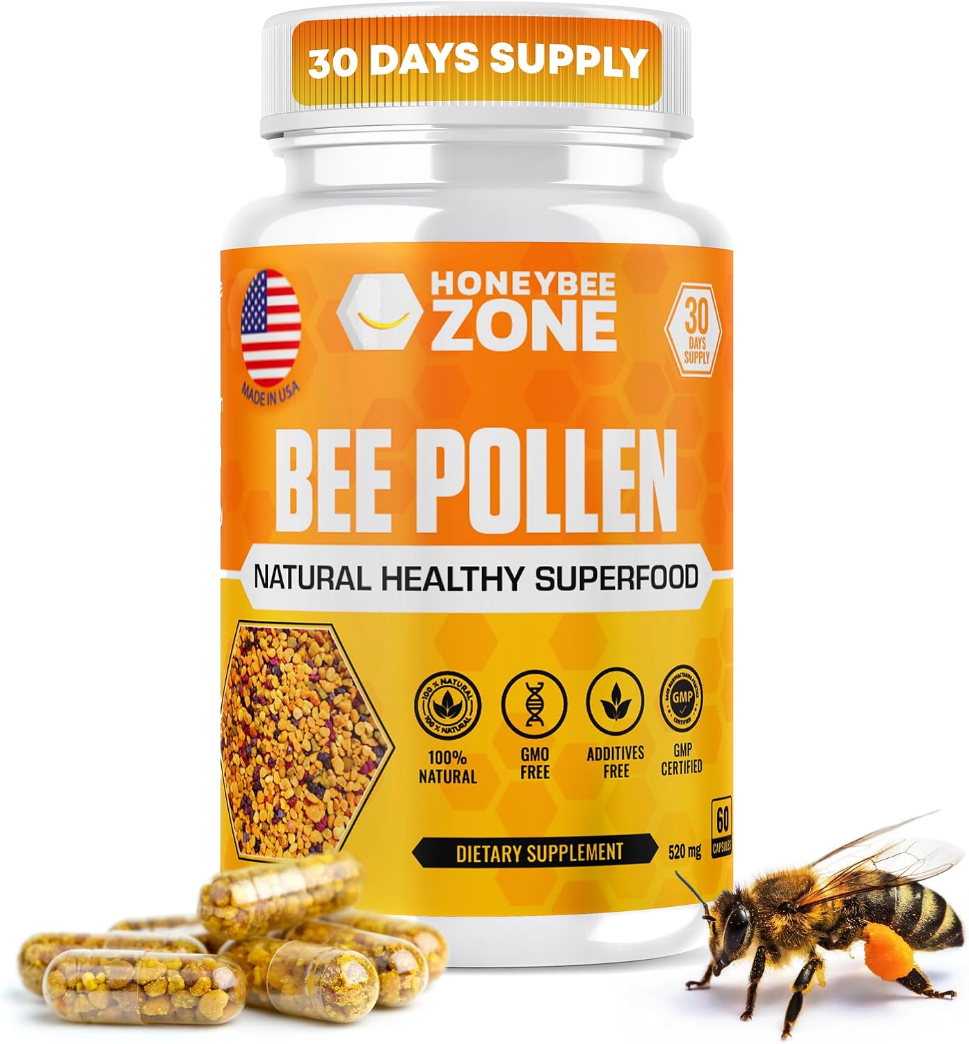 HONEYBEEZONE 100% Raw Bee Pollen Granules – 60 Veggie Capsules - görsel 1