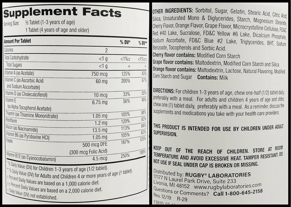 250 Tablets Children's Chewable Multivitamin Animal Shapes Assorted Fruit Flavours, Food Supplement - Rugby - görsel 1