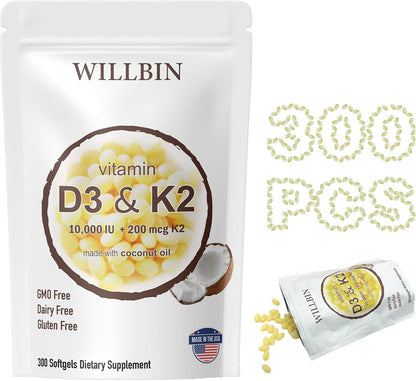 300 Pcs 2 in 1 Vitamin D3 10000 IU Plus K2 (MK-7) 200 mcg, Coconut Oil Soft gel capsules with Vitamins D & K