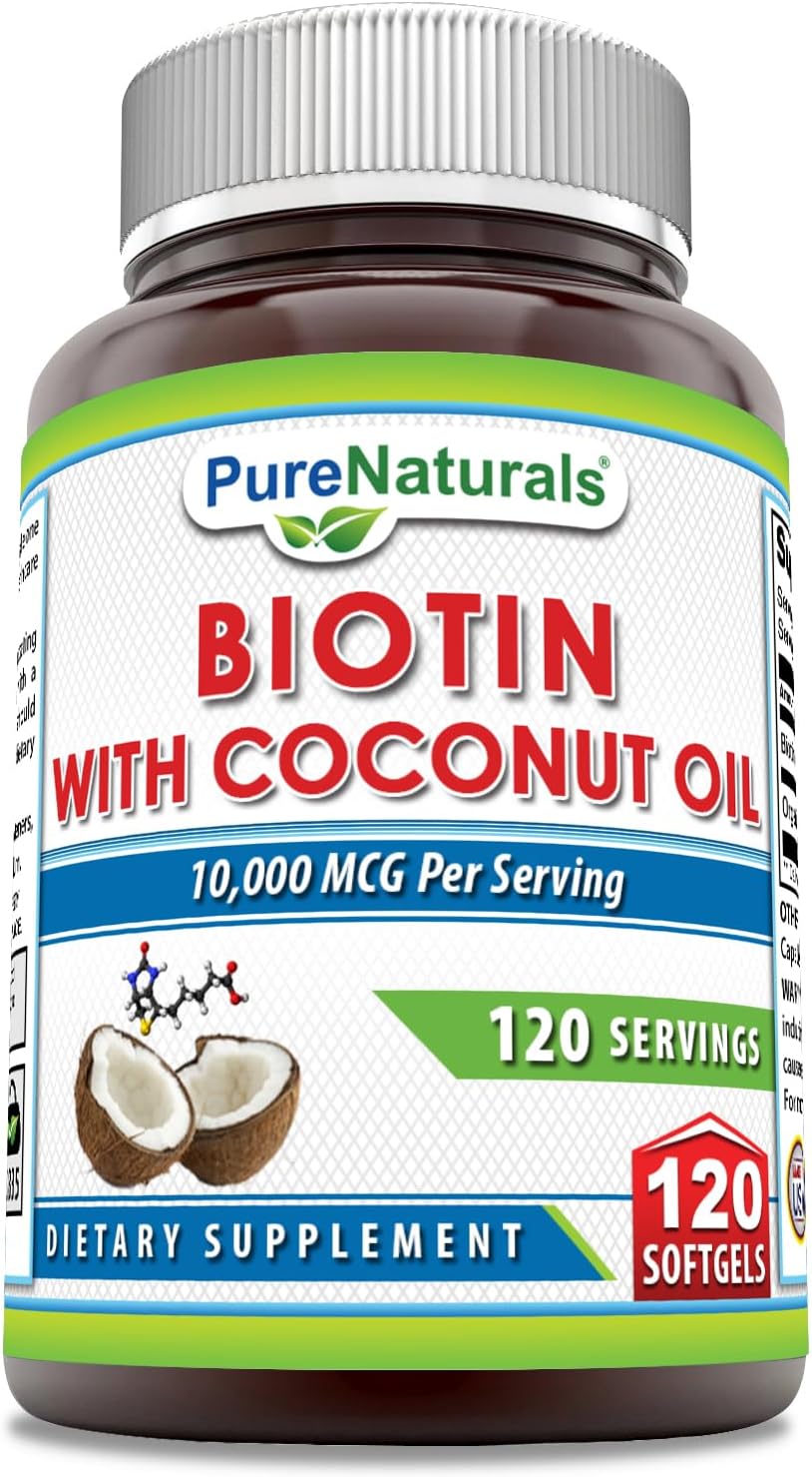 Pure Naturals Biotin 10000mcg with Extra Virgin Organic Coconut Oil Soft gel capsules - 120 Capsules - görsel 1