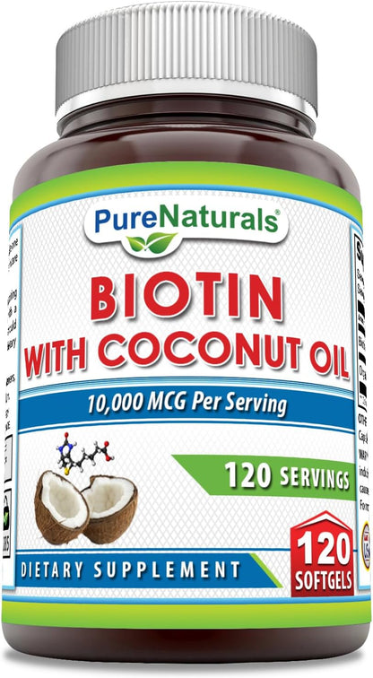 Pure Naturals Biotin 10000mcg with Extra Virgin Organic Coconut Oil Soft gel capsules - 120 Capsules