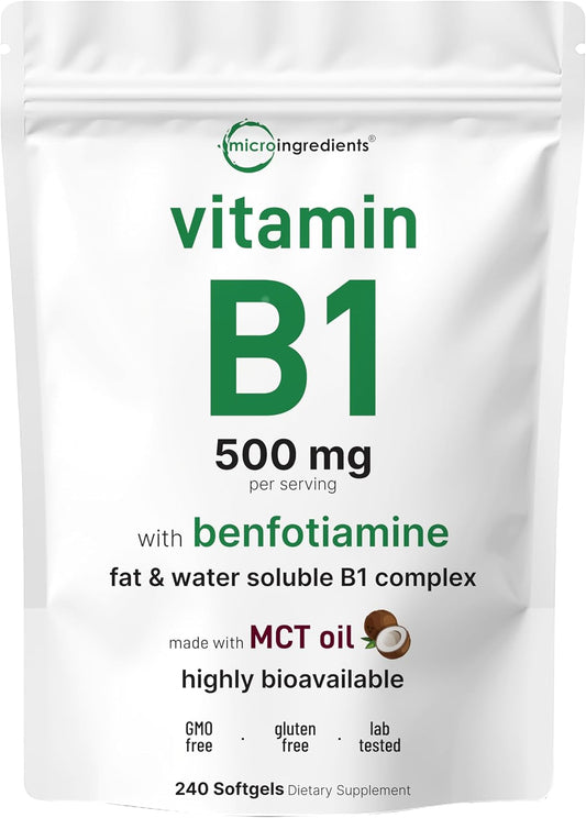 Micro Ingredients Vitamin B1 Thiamine 500mg with Benfotiamine & MCT Oil - 240 Soft gel capsules