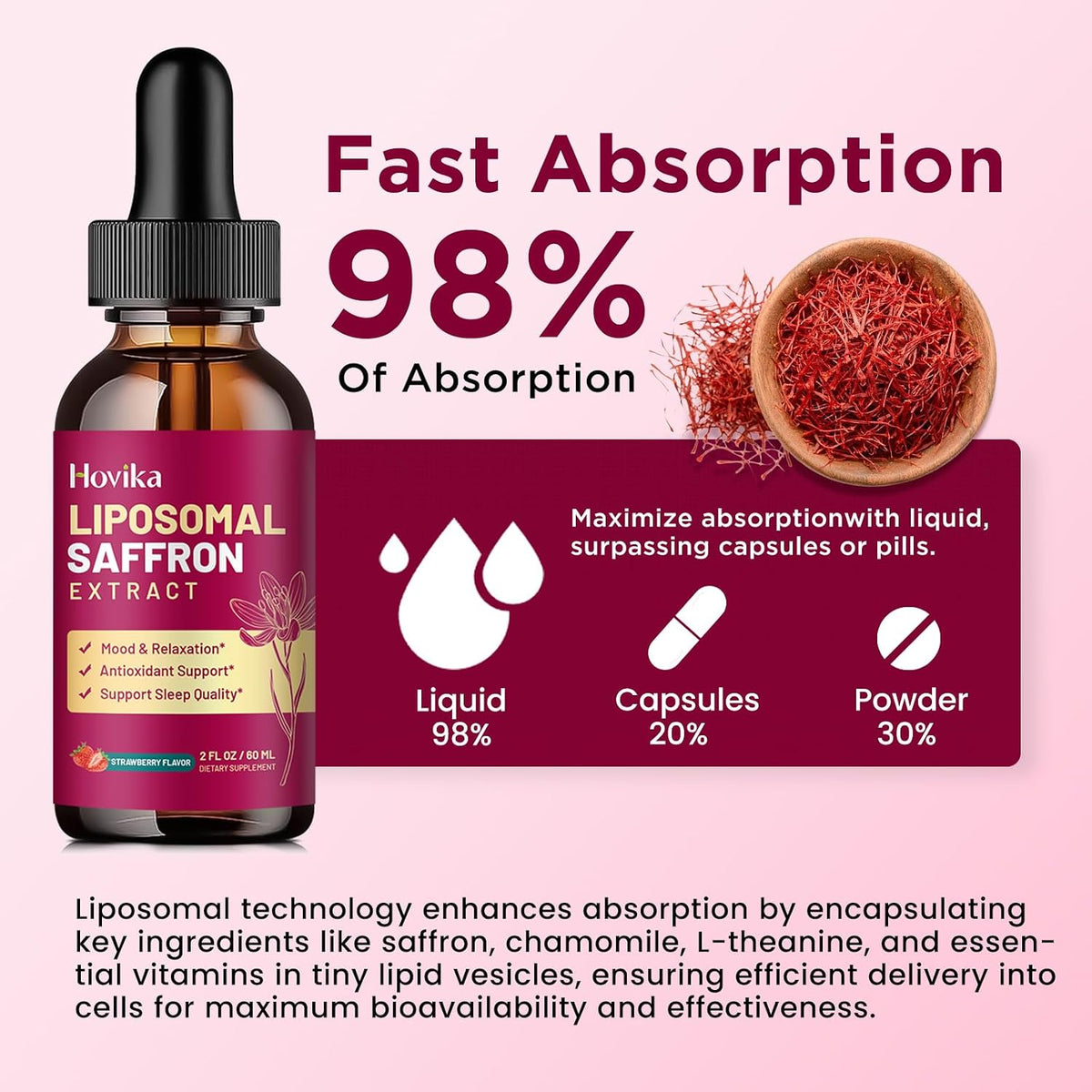 Liposomal Saffron Supplements - 88.5mg Saffron Extract Liquid Drops with L-Theanine, Chamomile, Vitamin C, B6, B12 & D3 for Antioxidant, Immune, Mood, Energy, Focus & Sleep - 60 ml Strawberry Flavour - görsel 5