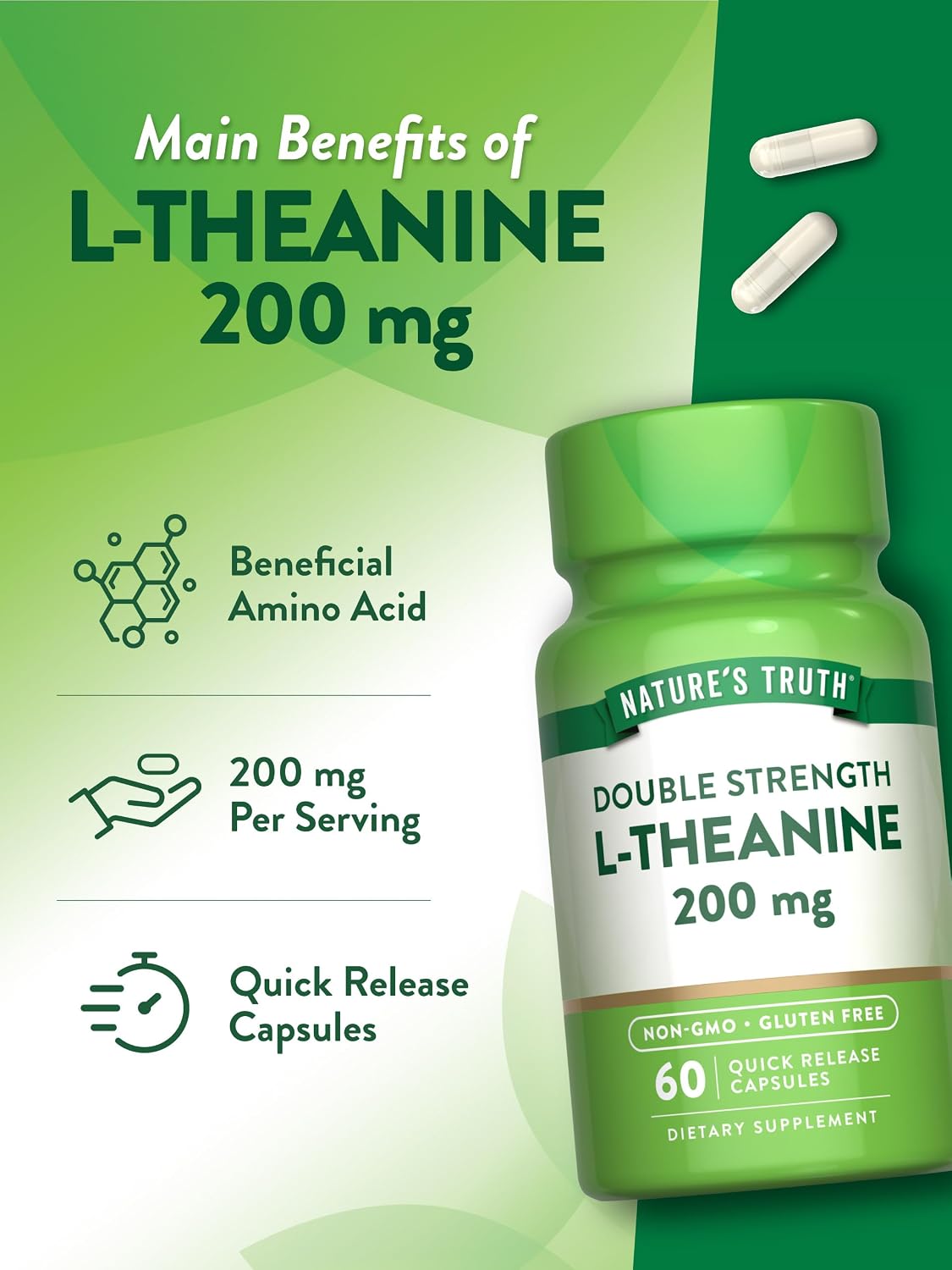 Nature's Truth L-Theanine 200mg, 60 Quick Release Capsules – Non-GM & Gluten-free - görsel 5