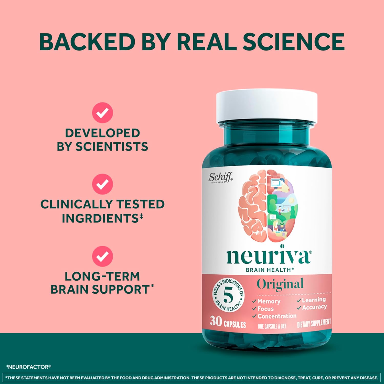 NEURIVA Original Brain Supplement for Memory and Focus, Clinically Tested Nootropics with Phosphatidylserine and Neurofactor, 30 Capsules - görsel 6