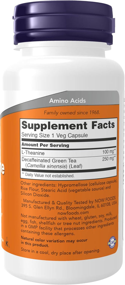 NOW Foods L-Theanine 100 mg with Decaf Green Tea, Stress Management*, 90 Veg Capsules