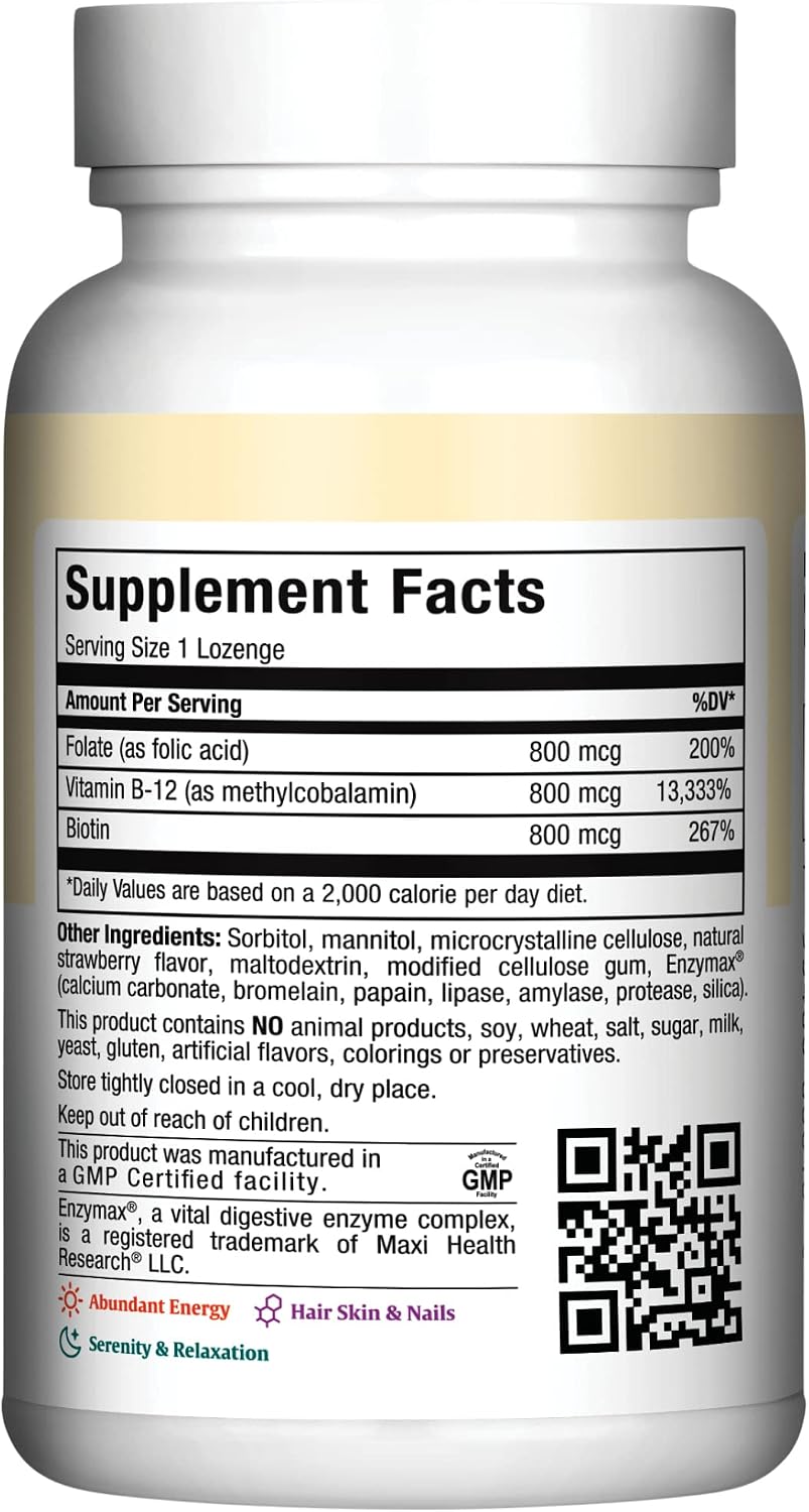 Maxi Health Vitamin B12 Lozenges - Sublingual Strawberry, 800 µg, 180 Count - görsel 2