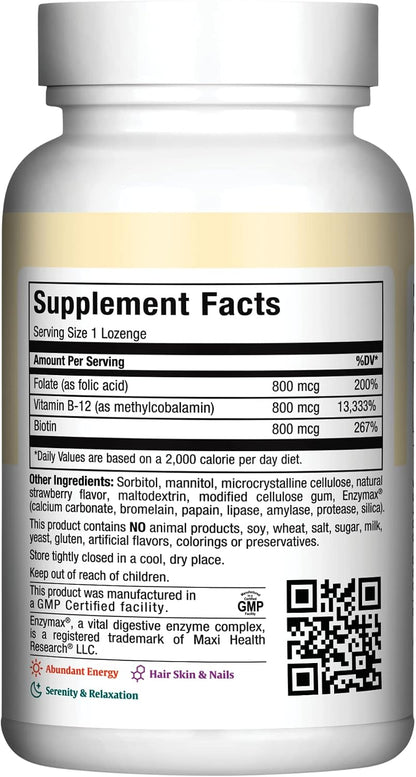 Maxi Health Vitamin B12 Lozenges - Sublingual Strawberry, 800 µg, 180 Count