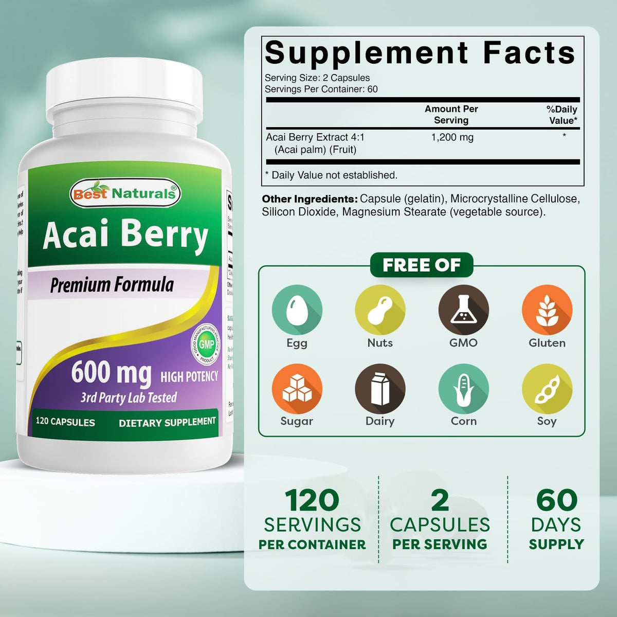 Best Naturals Acai Berry 600mg – 120 Capsules – Pure High Potency Supplement - görsel 2