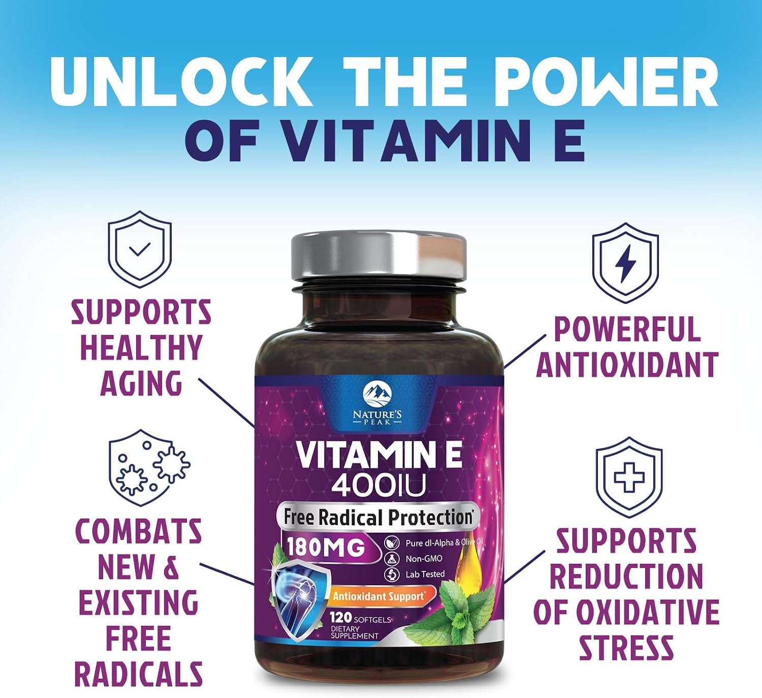Nature's Peak Vitamin E 180 mg Soft gel capsules – Antioxidant Support for Skin, Immune and Cardiovascular Health – Non-GM, Gluten-free – 120 Soft gel capsules - görsel 7