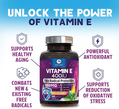 Nature's Peak Vitamin E 180 mg Soft gel capsules – Antioxidant Support for Skin, Immune and Cardiovascular Health – Non-GM, Gluten-free – 120 Soft gel capsules