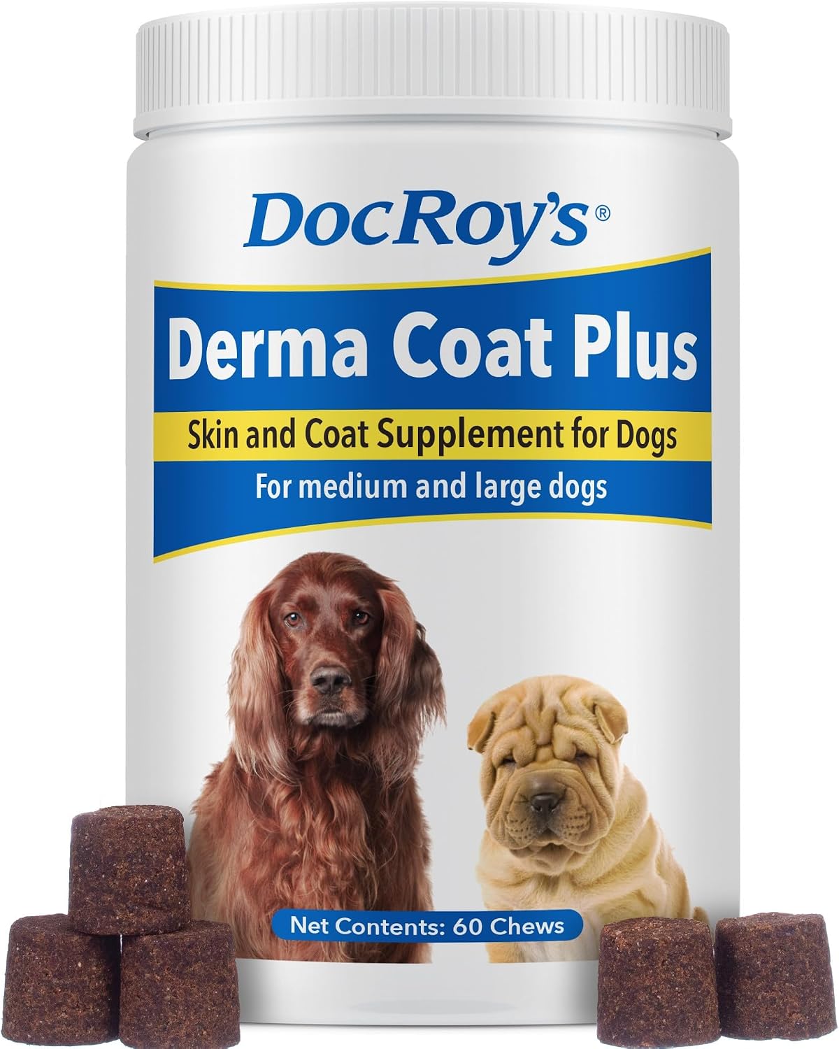 Doc Roy’s Derma Coat Plus Dog Supplement, Supports Healthy Skin, Coat & Nails, with Omega-3-6-9 Fatty Acids, Biotin & Antioxidants, 60 Chews for Medium and Large Dogs - görsel 1