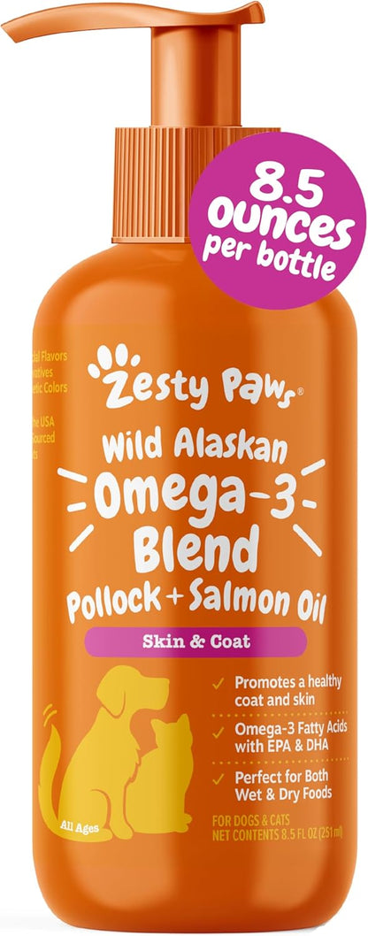 Zesty Paws Salmon Omega Oil + Hemp for Dogs and Cats – Wild Alaskan Salmon Oil with Hemp Seed Oil, Omega-3 EPA & DHA, 16 oz