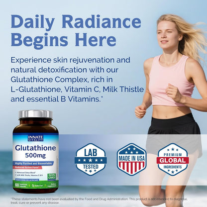 Innate Vitality Glutathione Supplement 500mg – Bioavailable Reduced Glutathione with Milk Thistle, Vitamin C, and B Complex