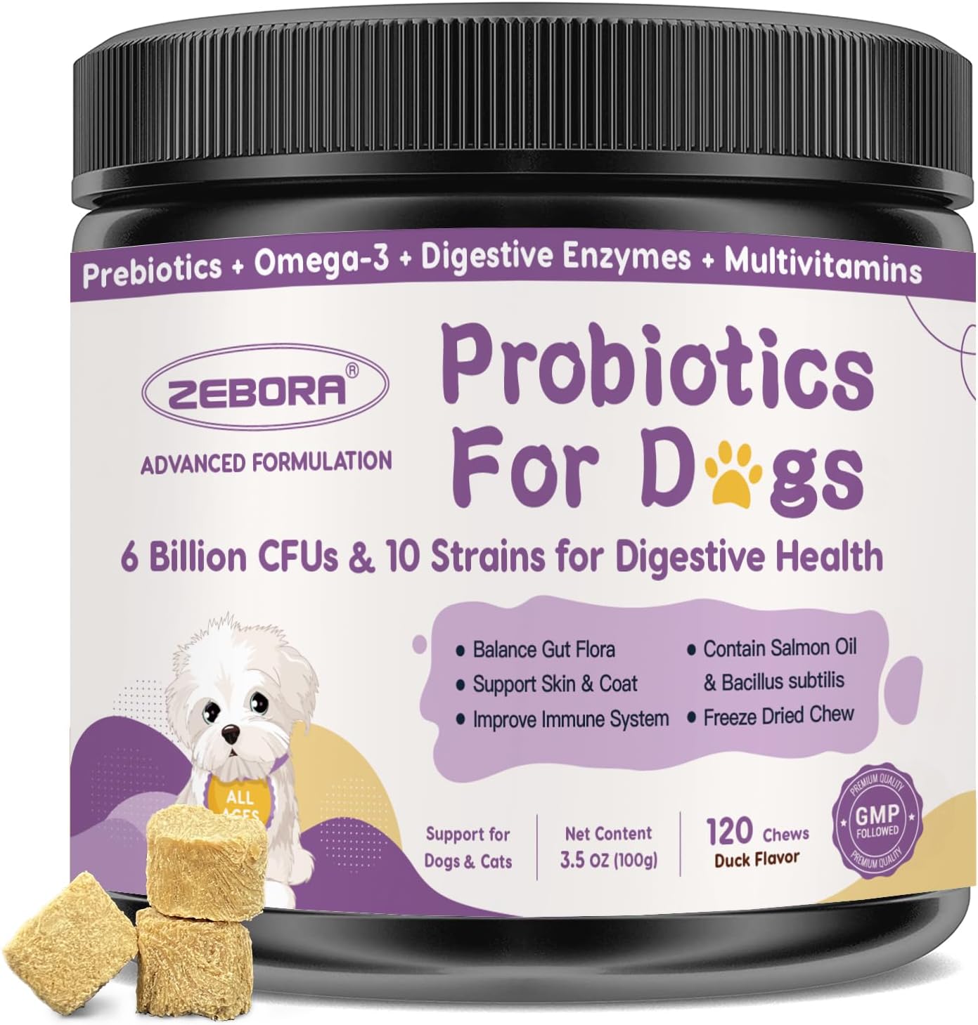 Probiotics for Dogs – 6 Billion CFUs & 10 Strains with Prebiotics, Omega-3, Digestive Enzymes & Multivitamins, Dog Probiotics for Digestive Health, Immune Support, Skin & Coat, 120 Duck Flavour Chews - görsel 1