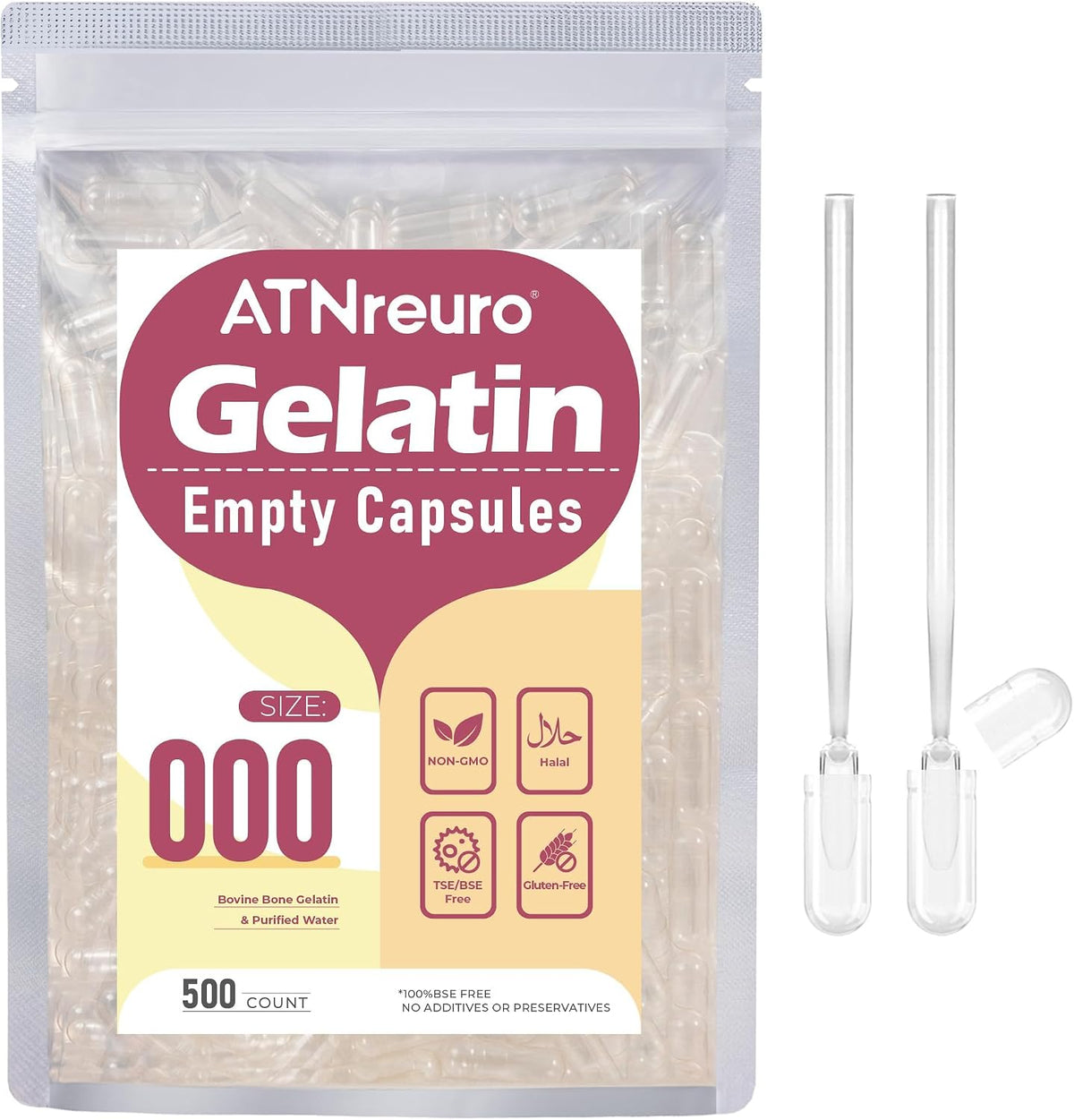 ATNreuro Empty Gelatin Capsules Size 000 (500 Count) with 2 Micro Spoons - görsel 1