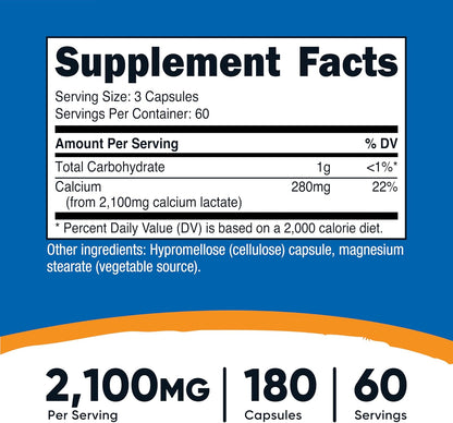 Nutricost Calcium Lactate 2,100mg; 180 Capsules – Vegan, Non-GMO and Gluten-free, 60 Servings – Image 2