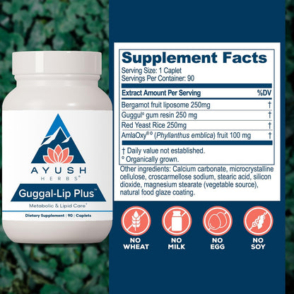 Ayush Herbs Guggal-Lip Plus - Metabolic Support Food Supplement with Guggul, Amla, and Bergamot - 90 Tablets