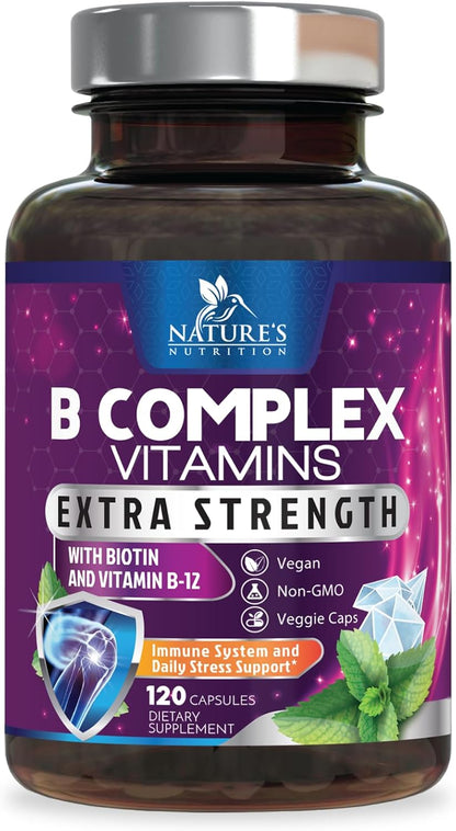 B Complex Vitamins Capsules - Super Complete B-100 Complex with Vitamin B12, B6, C, Biotin, Folate & Folic Acid for Immune & Energy Support - Food Supplement for Heart, Brain & Nerve Support - 120 Capsules
