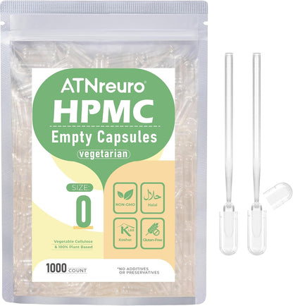 ATNreuro Size 0 Empty Vegan Capsules with 2 Micro Spoons - 1000 Count