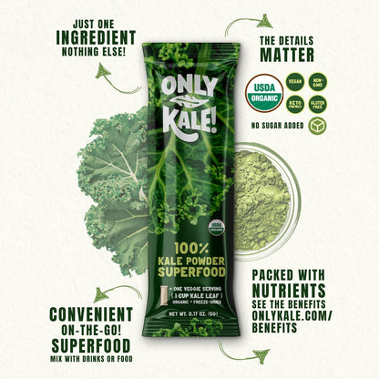 OnlyKale™ Kale Powder – 1 Month Supply (15 Sticks) – Organic Green Superfood – USDA Organic, Clean Greens for Smoothies & Juices, Single-Serving Sticks