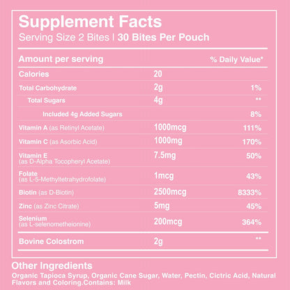 Pretty Thing Colostrum Bites for Women – 1g Bovine Colostrum Bites with Biotin, Folate, Zinc, Vitamins A, C, E – Beauty and Wellness Supplement for Hair, Skin, Gut, and Immune Health – 30 Pack