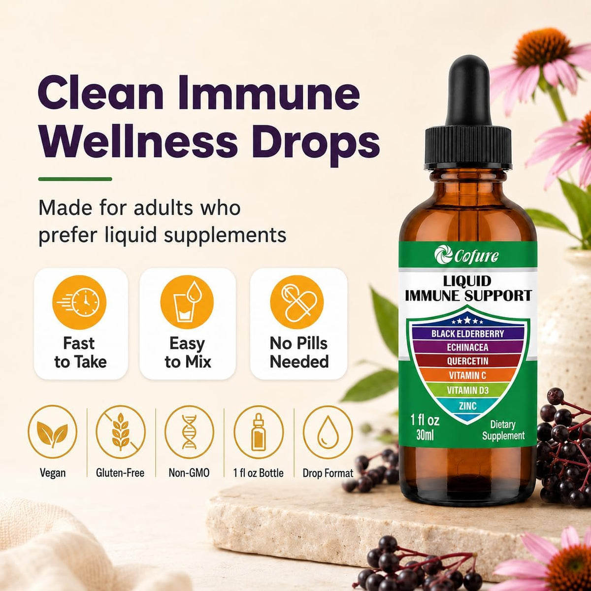 Cofure Zinc Quercetin Vitamin C D3 Liquid Immune Defence Drops with Organic Echinacea and Elderberry, 30 ml - görsel 4