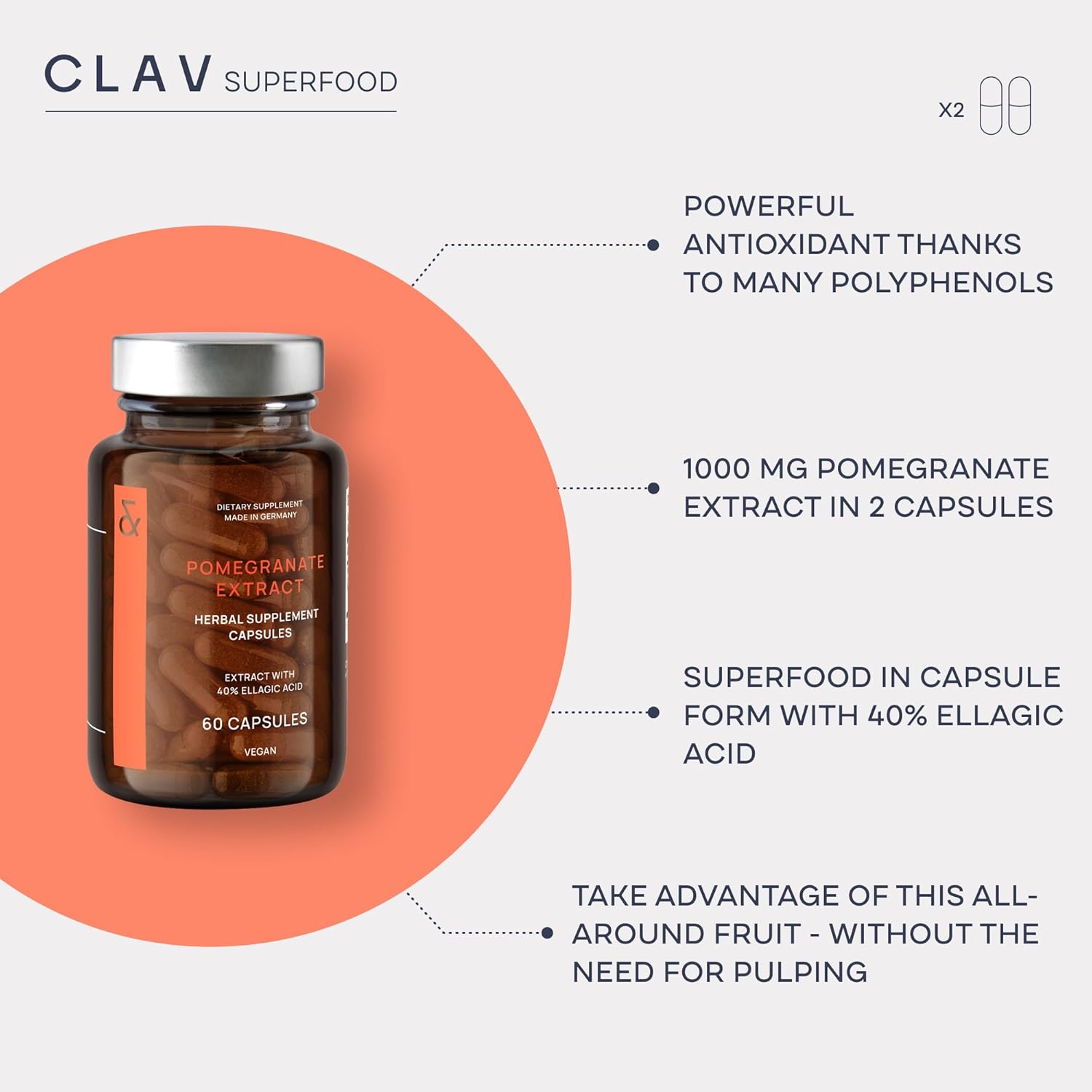 CLAV Pomegranate Extract 1000mg - 40% Ellagic Acid - Vegan Supplement for Heart & Joint Support - 60 Capsules - görsel 3
