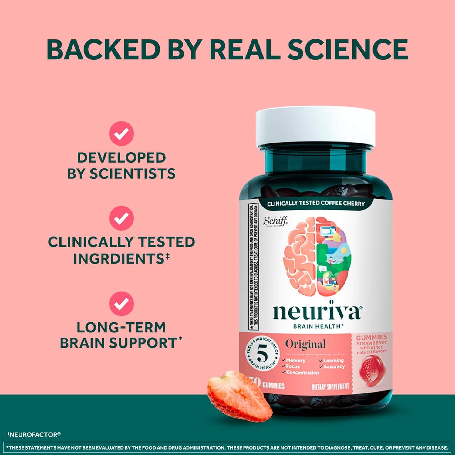 NEURIVA Original Brain Gummies with Phosphatidylserine and Neurofactor, Caffeine Free, Strawberry, 50 Count - görsel 5