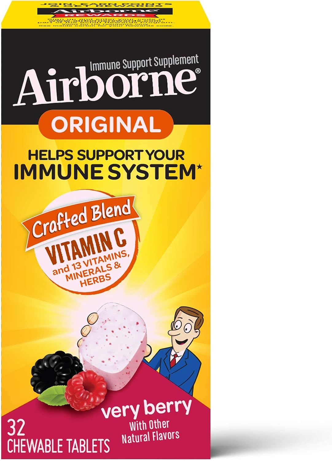 Airborne 1000mg Vitamin C + Zinc Immune Support Supplement Chewable Tablets, Very Berry Flavour with Powerful Antioxidants Vitamins A C & E, 32 Chewable Tablets (2 Pack) - görsel 1